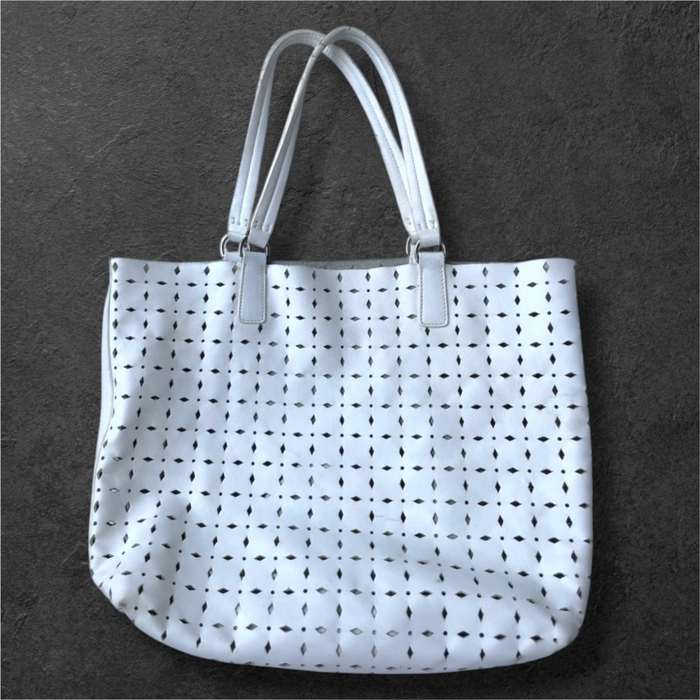 Auth Miu Miu White leather laser cut out Tote designer luxury suede shoulder bag